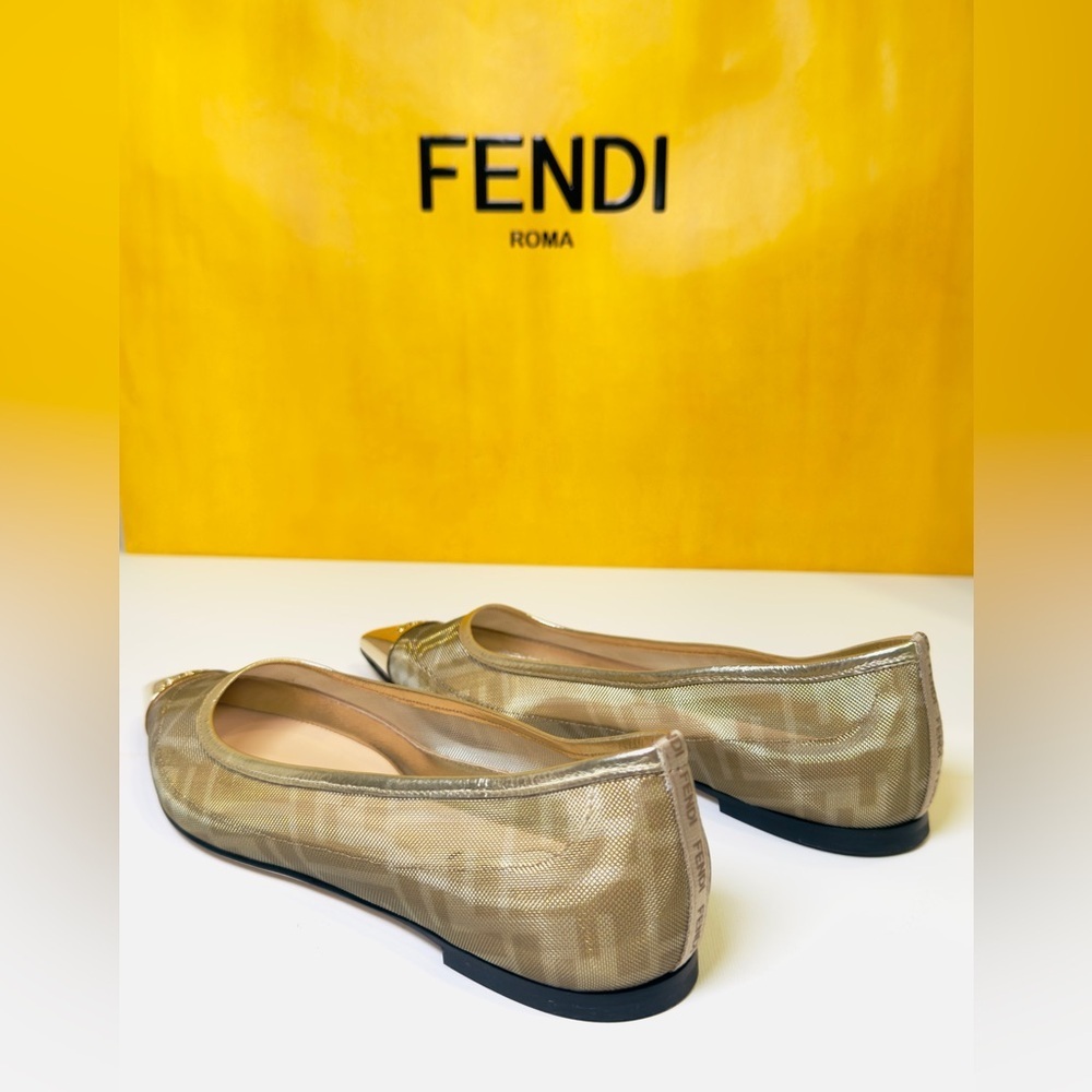 Fendi Colibri FF Mesh Ballerina Flats Gold Pointed Logo Engraved Metal Size 37 - Picture 8 of 15